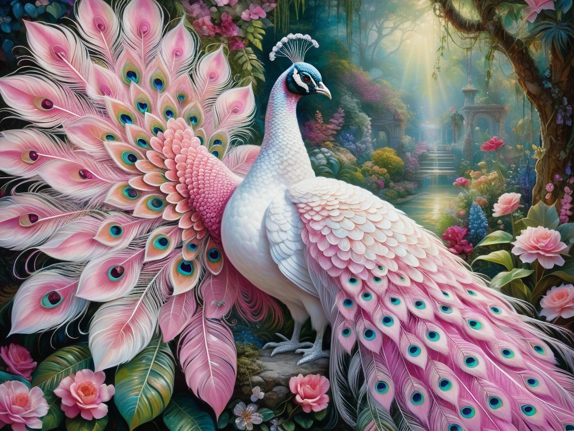 White peacock with iridescent tail in a serene garden