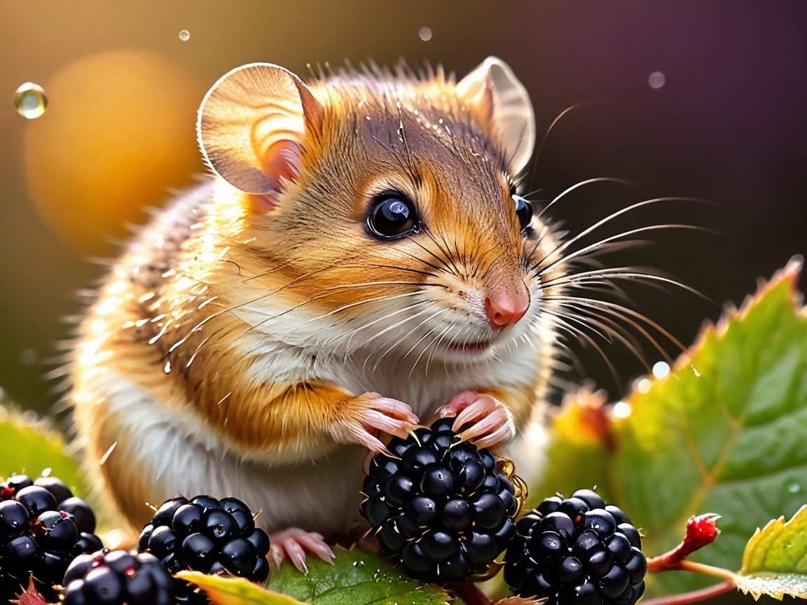 Furry Mouse with Blackberries on Green Leaves