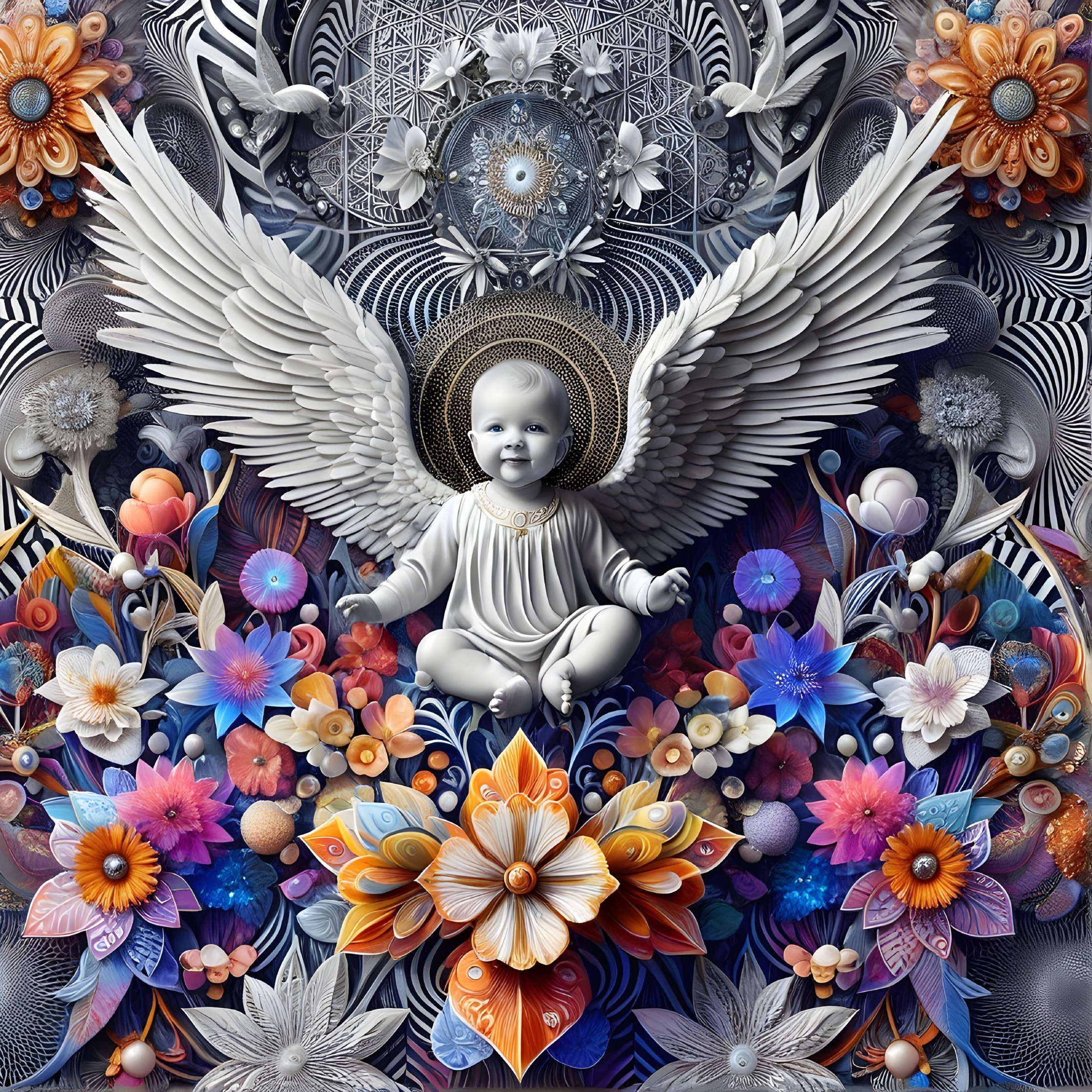 Serene Baby with Wings in Floral Background Design