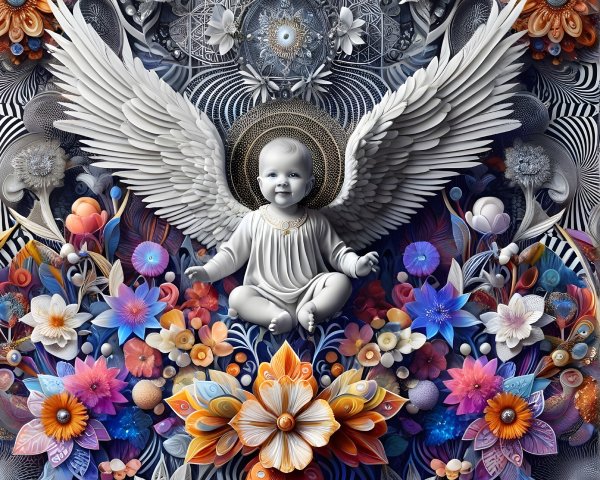 Serene Baby with Wings in Floral Background Design