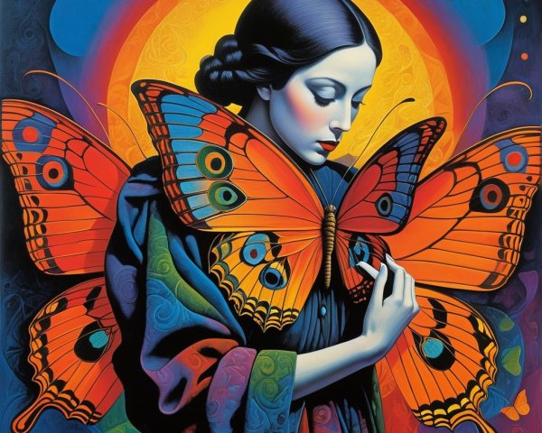 Stylized Woman with Butterfly Against Radiant Background
