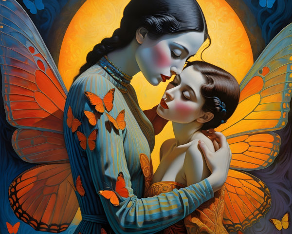 Ethereal Figures with Butterfly Wings Embracing