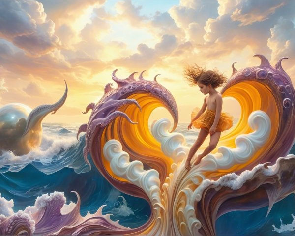 Young girl in orange tutu on swirling ocean waves