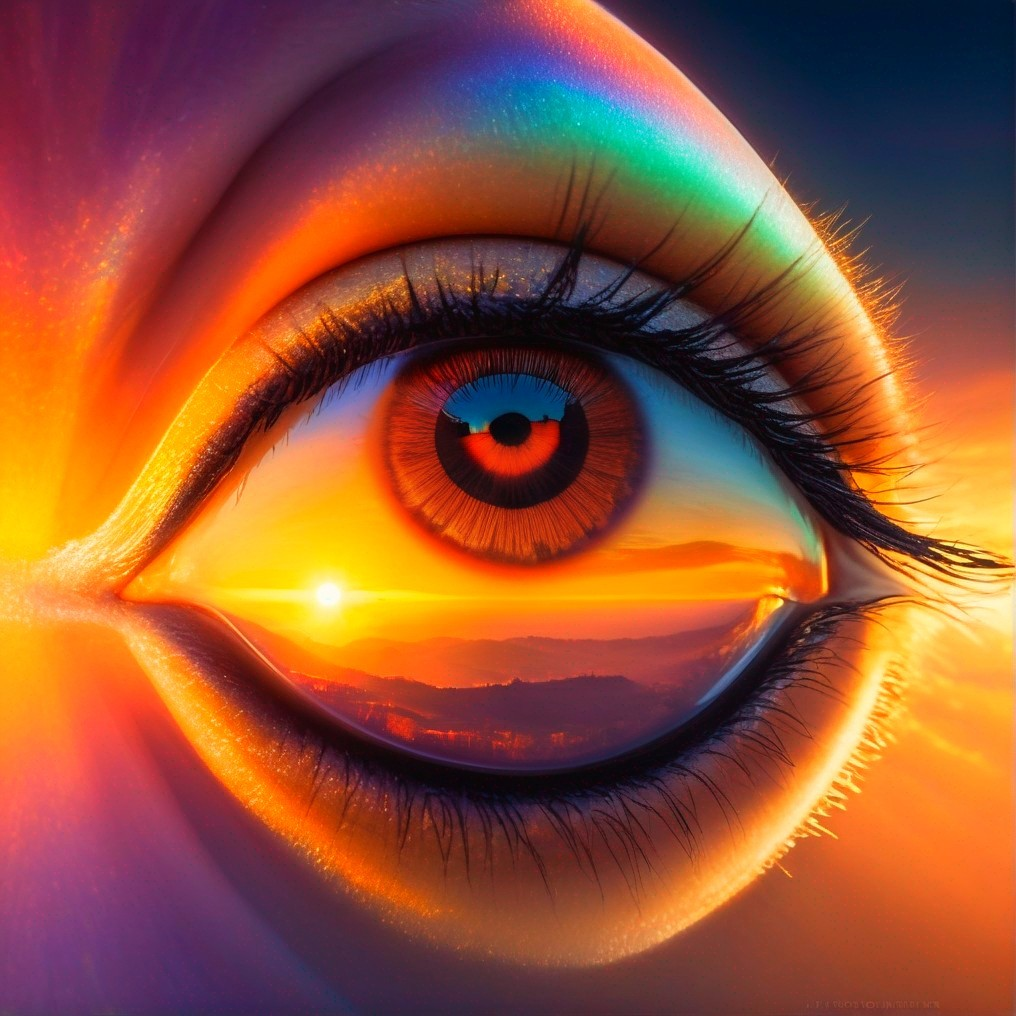 Close-Up of Eye Reflecting Vibrant Sunset Scene
