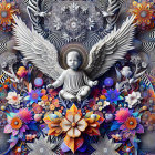Serene Baby with Wings in Floral Background Design