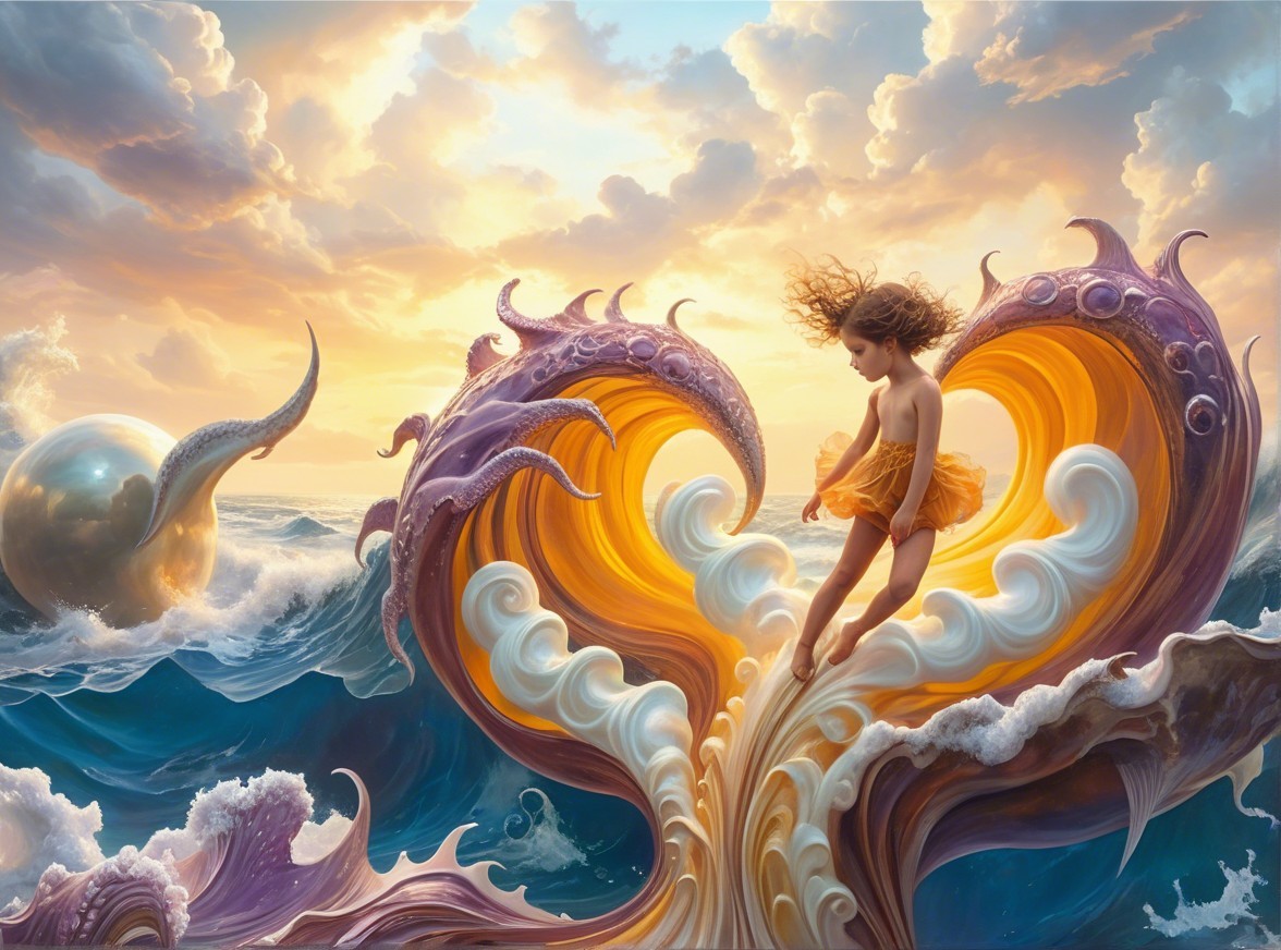 Young girl in orange tutu on swirling ocean waves