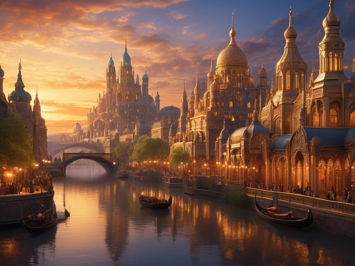 Cityscape Sunset with Golden Architecture and River