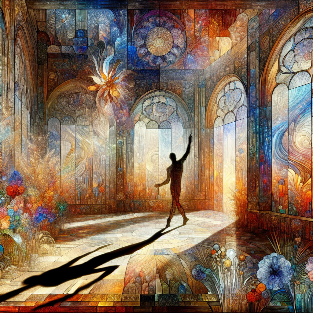 Solitary Figure Dancing in Stained-Glass Room