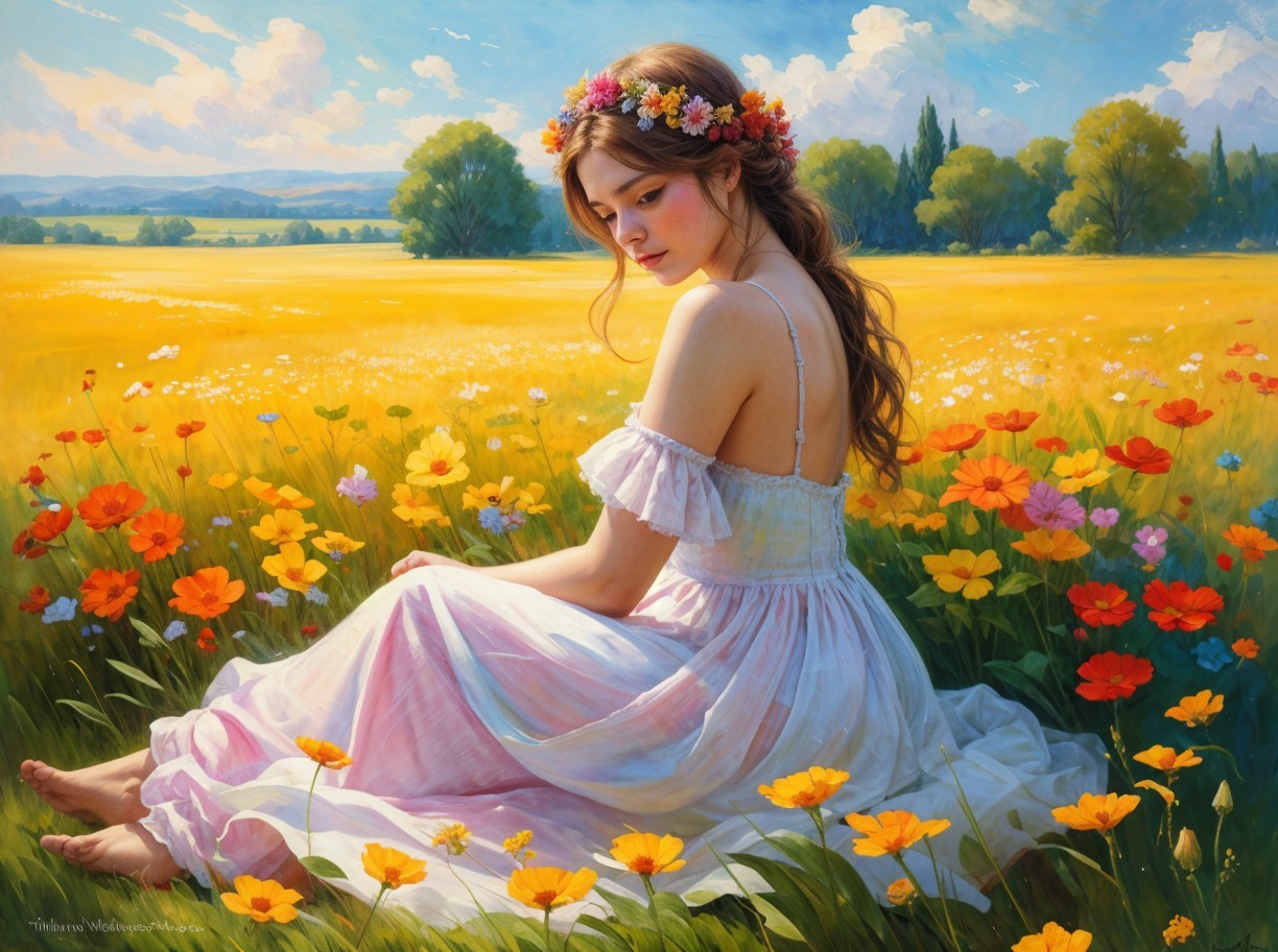 Young Woman in Floral Field with Pastel Dress