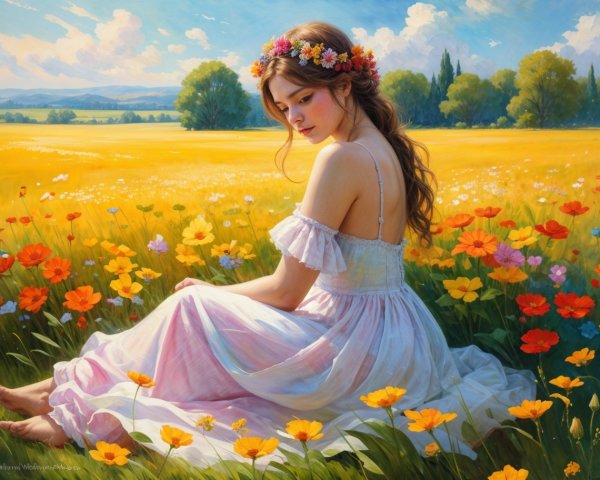 Young Woman in Floral Field with Pastel Dress