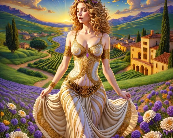 Goddess in Lavender Fields with Sunset and Village