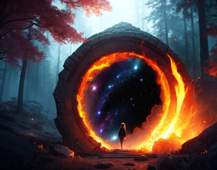 Mystical portal ring with starry cosmos in enchanted forest