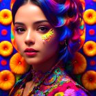 Colorful Floral Backdrop with Woman in Vibrant Makeup