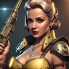 Digital artwork: Woman with pin-up hair, headphones, futuristic arm, and military outfit.