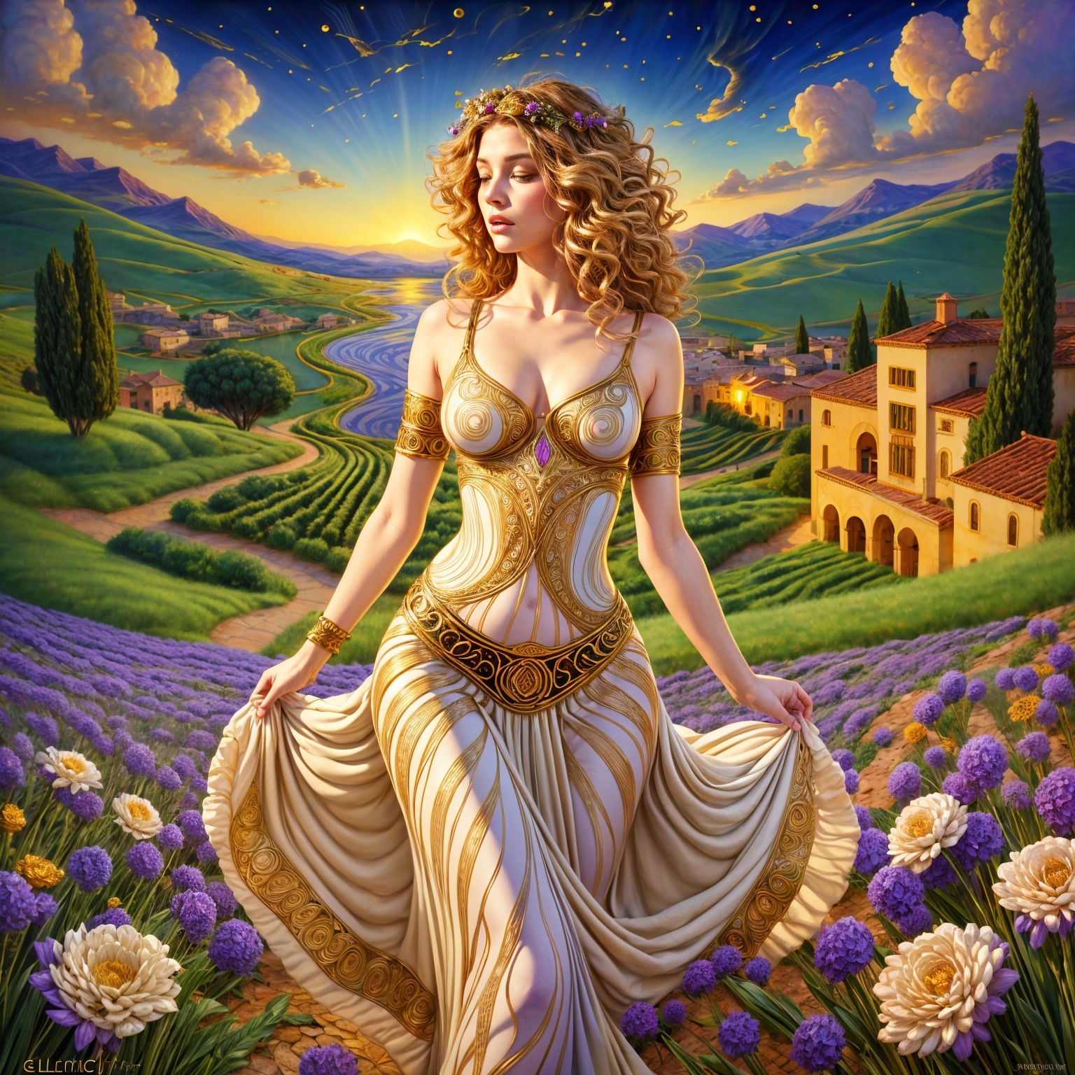 Goddess in Lavender Fields with Sunset and Village