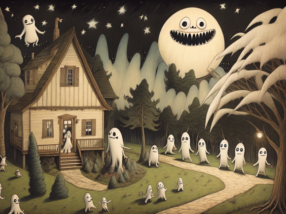 Whimsical House Scene with Cheerful Ghosts and Moon