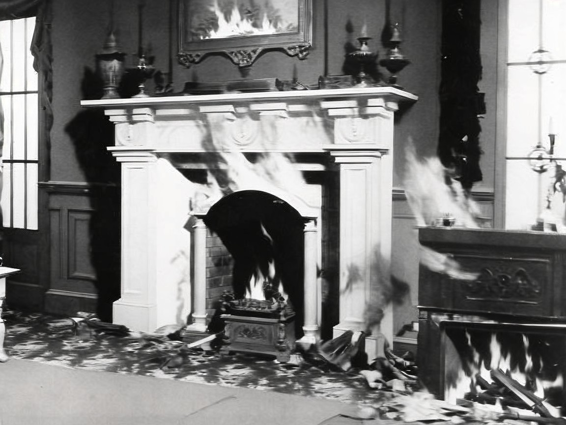 Dramatic Room with Ornate Fireplaces and Smoke