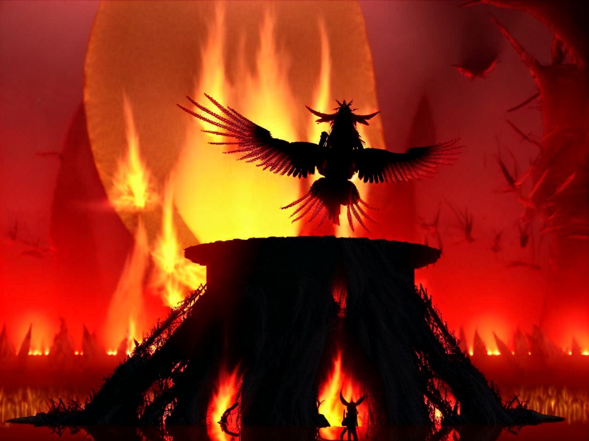 Mythical Bird Over Fiery Landscape with Small Figure