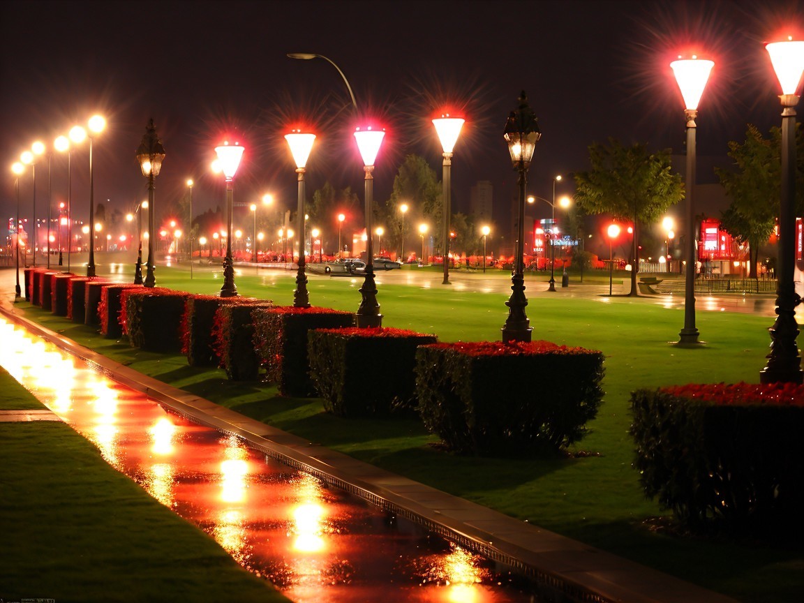 Serene Nighttime Street Scene with Ornate Lampposts