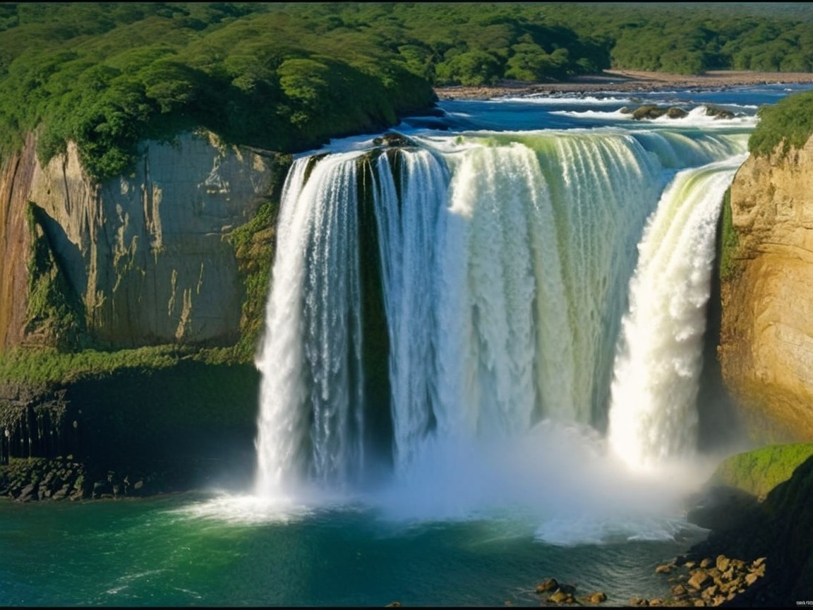 Waterfall Cascading Down Rocky Cliff into Turquoise Pool