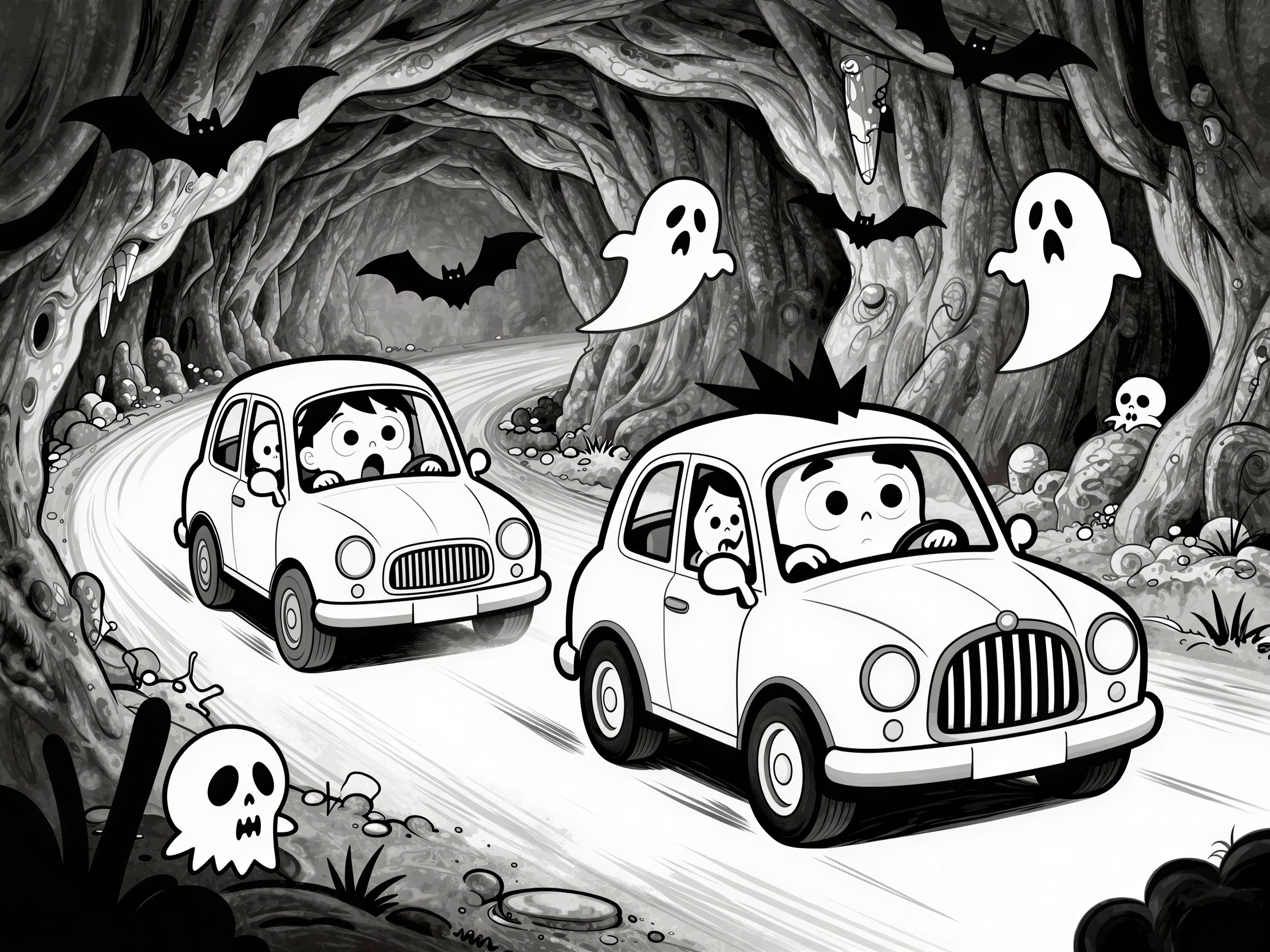 Cars on a winding road in a spooky forest tunnel