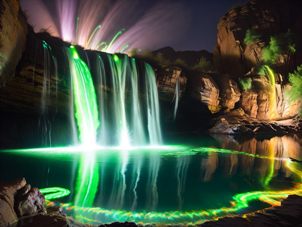 Waterfall Cascading into Serene Pool with Mist