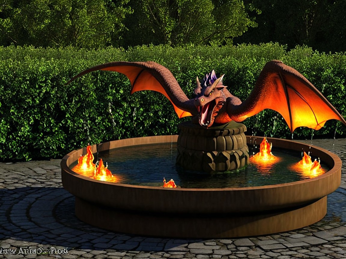 Majestic Dragon Sculpture in Stone Fountain with Flames