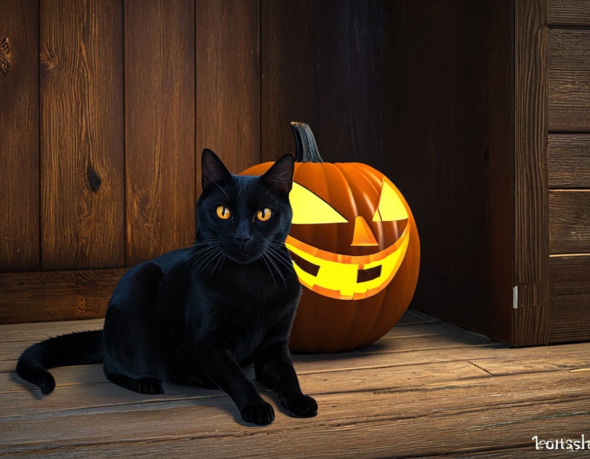 Black Cat and Jack-o'-Lantern on Wooden Floor