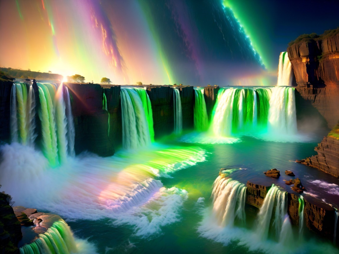 Vibrant Waterfall Scene with Colorful Lights and Sky