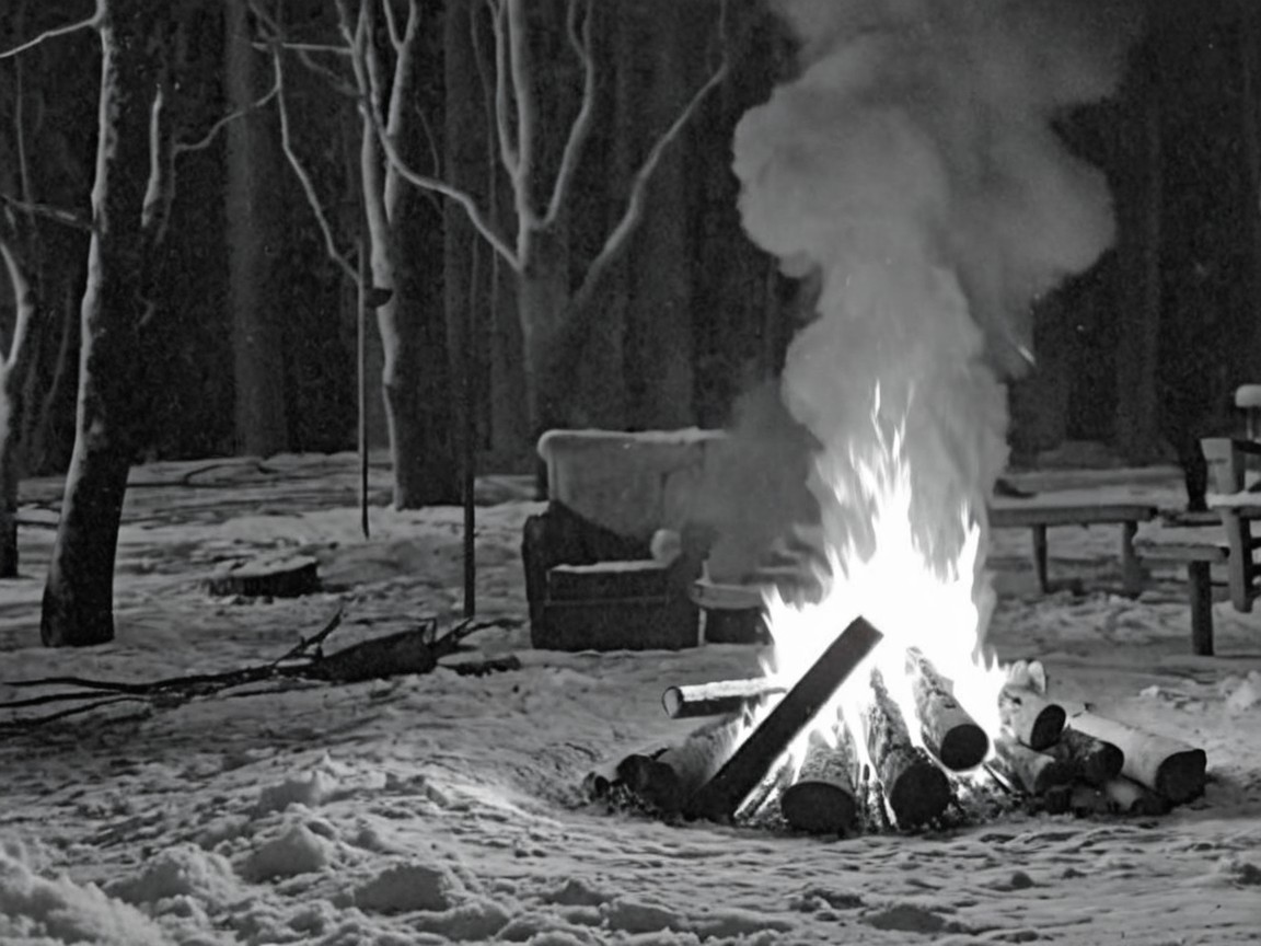 Campfire in Snowy Landscape with Wooden Chair