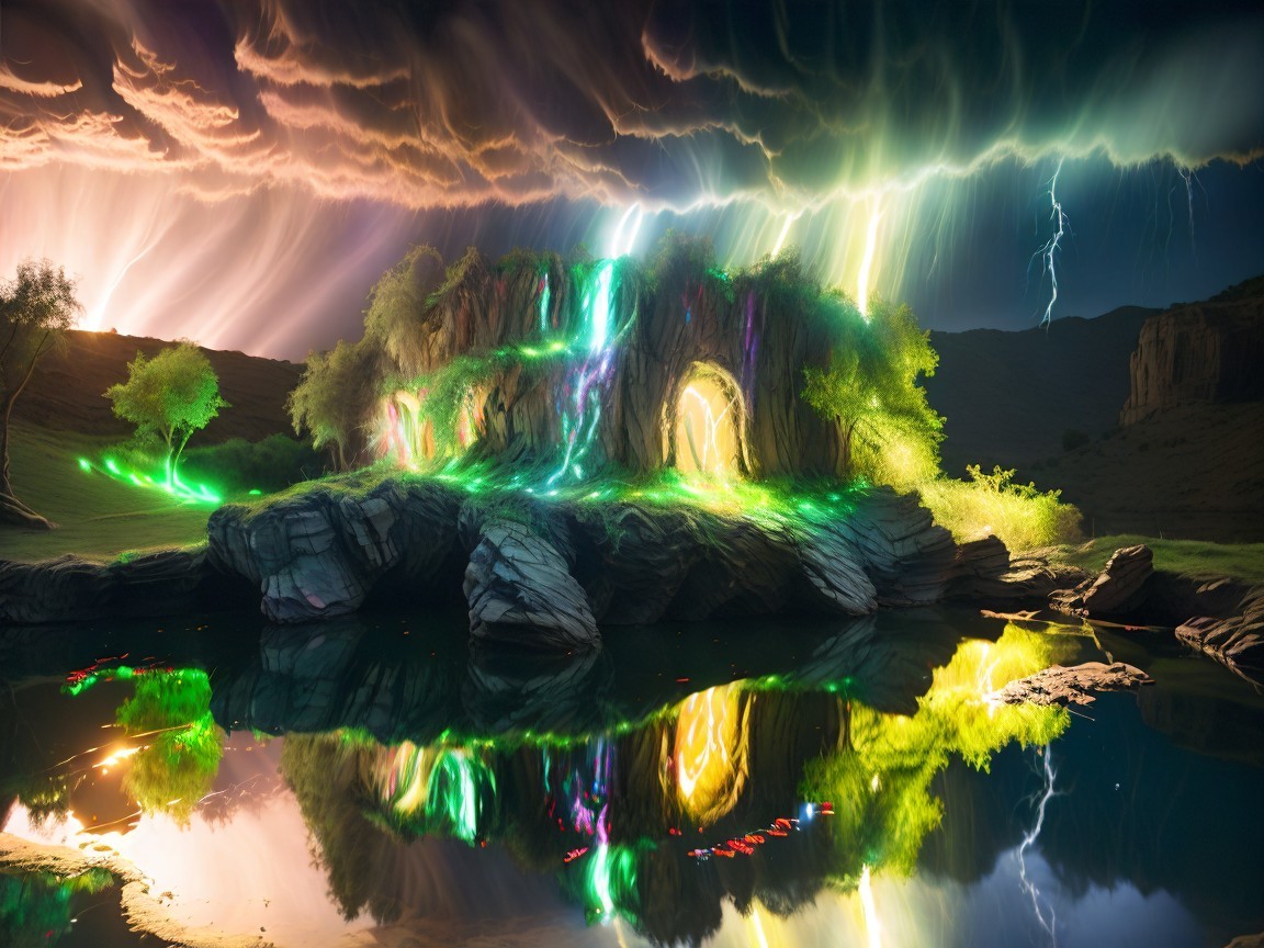 Mystical Landscape with Rocky Archway and Waterfalls