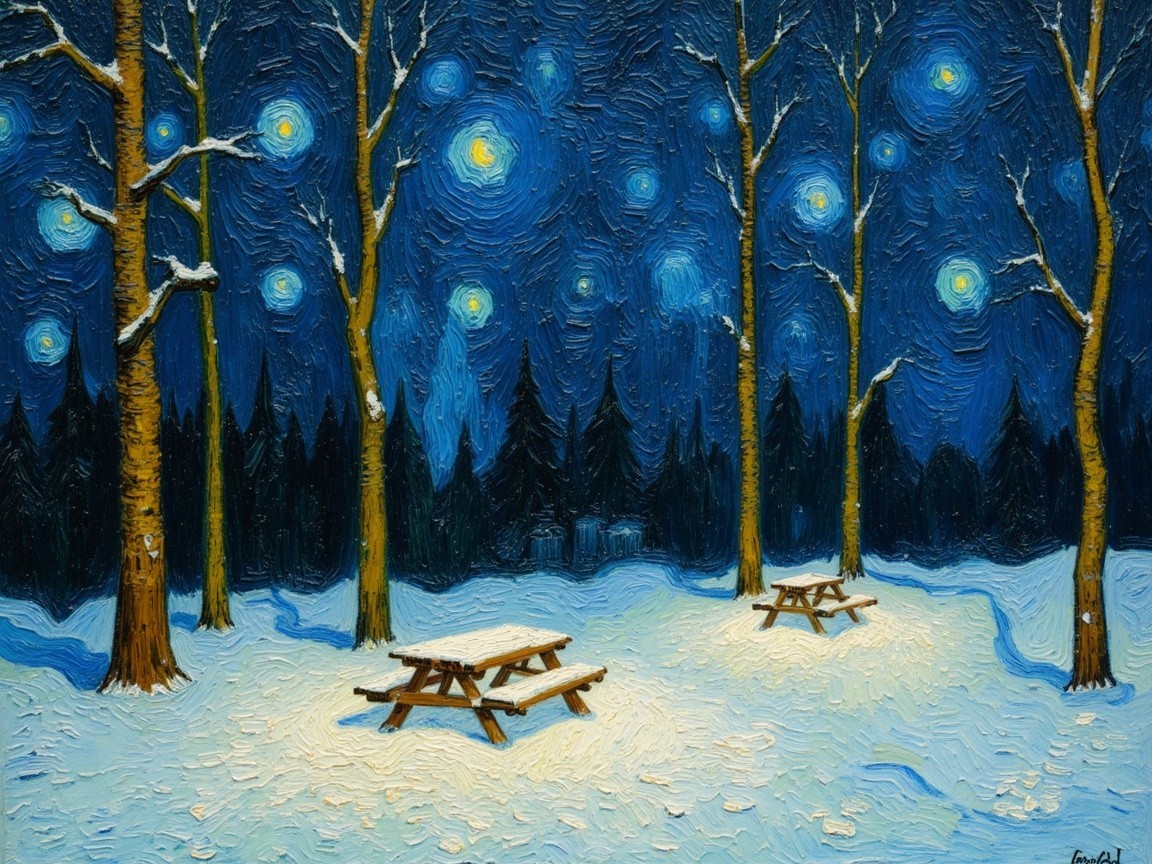 Winter Night Scene with Picnic Tables and Stars