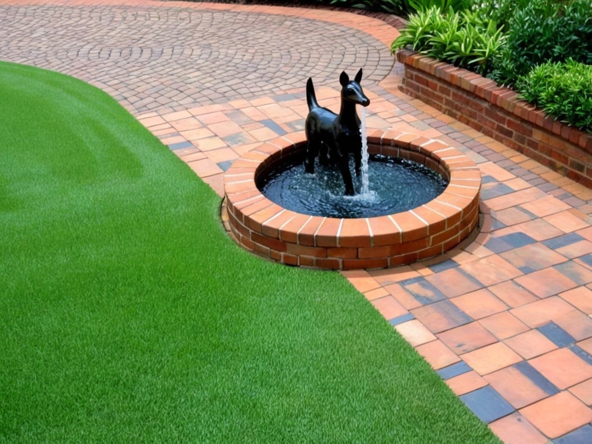Charming Backyard with Circular Brick Fountain and Dog Statue