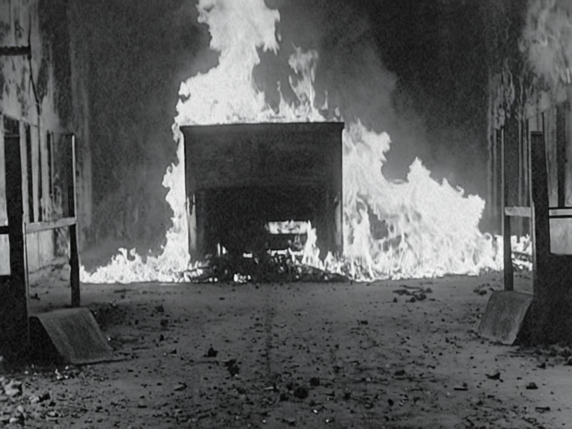 Dramatic Black-and-White Fire Scene with Debris