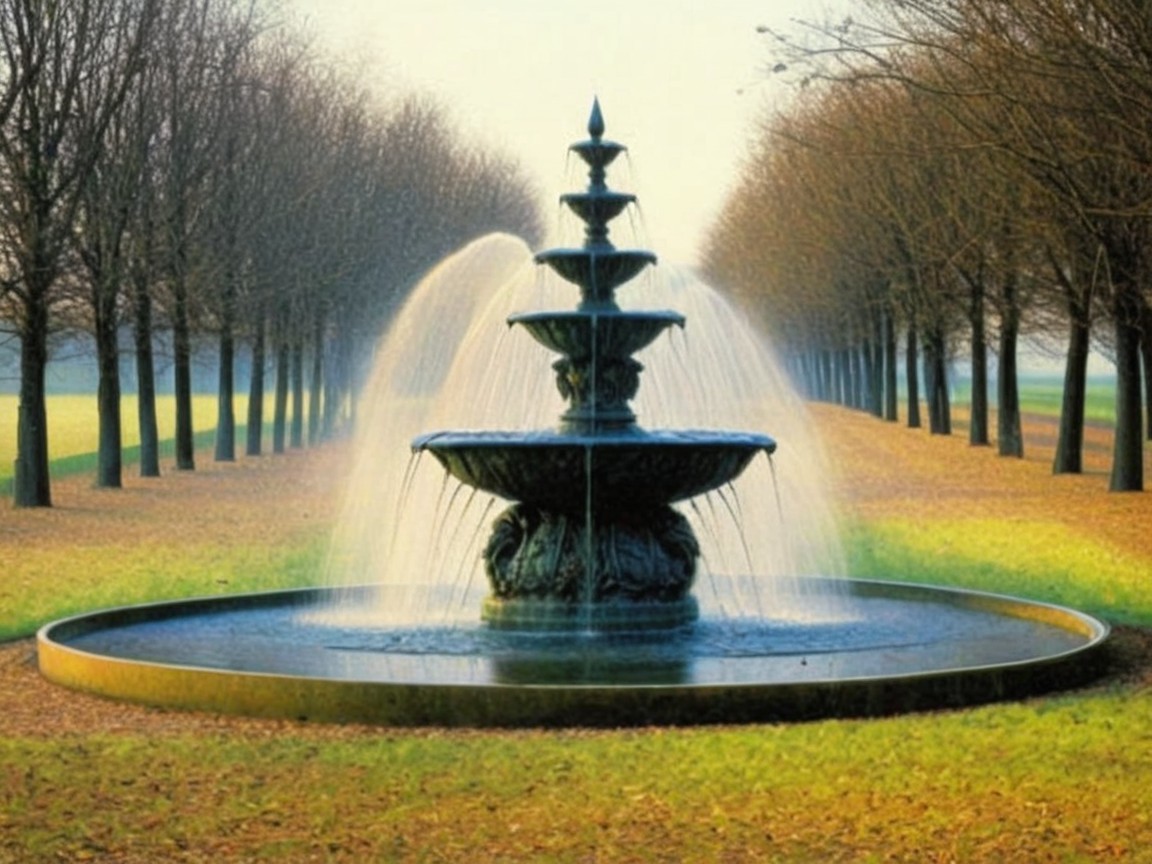 Digital painting of a tree-lined path to a fountain