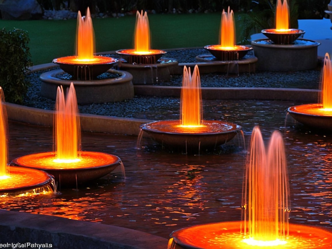 Nighttime Scene of Illuminated Amber-Orange Fountains