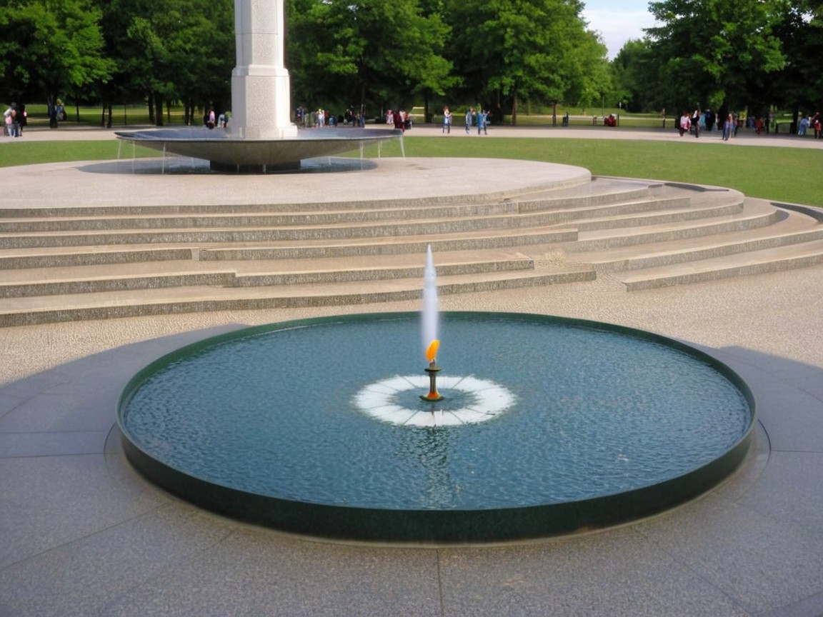 Circular fountain in a park with greenery and monument