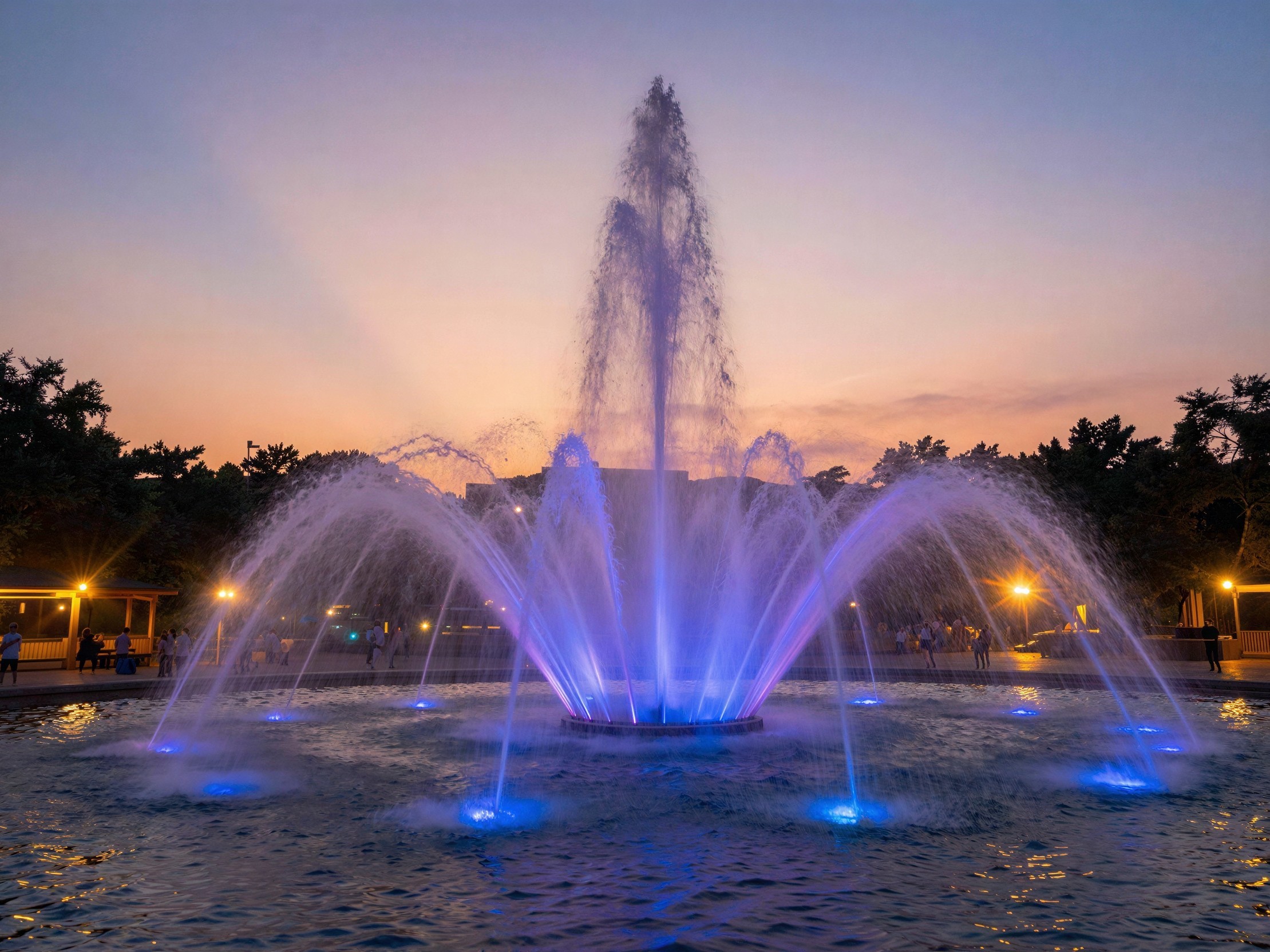 Colorful Fountain at Sunset in a Park Setting