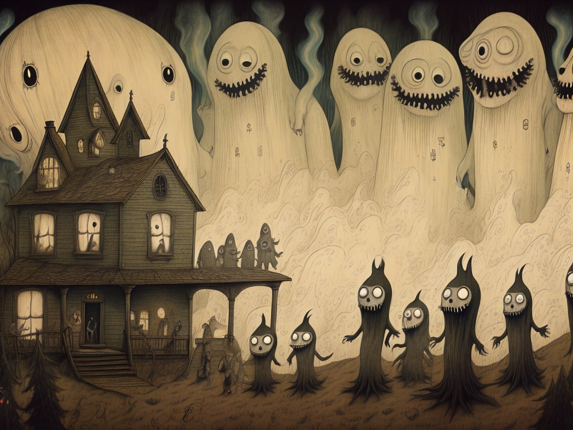 Whimsical Spooky Scene with Eerie House and Ghosts