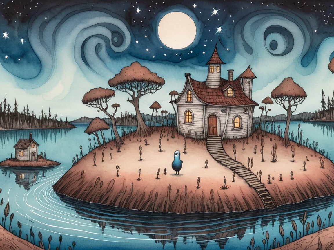 Whimsical Night Scene with Charming Island House