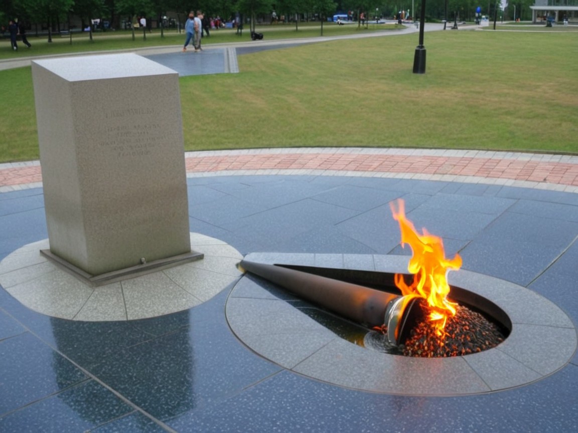 Memorial site with eternal flame and stone monument