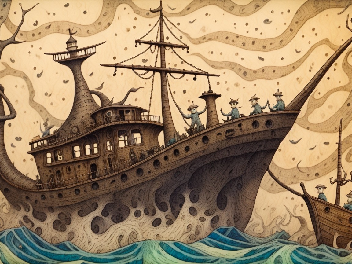 Whimsical Ship Illustration with Playful Figures and Waves