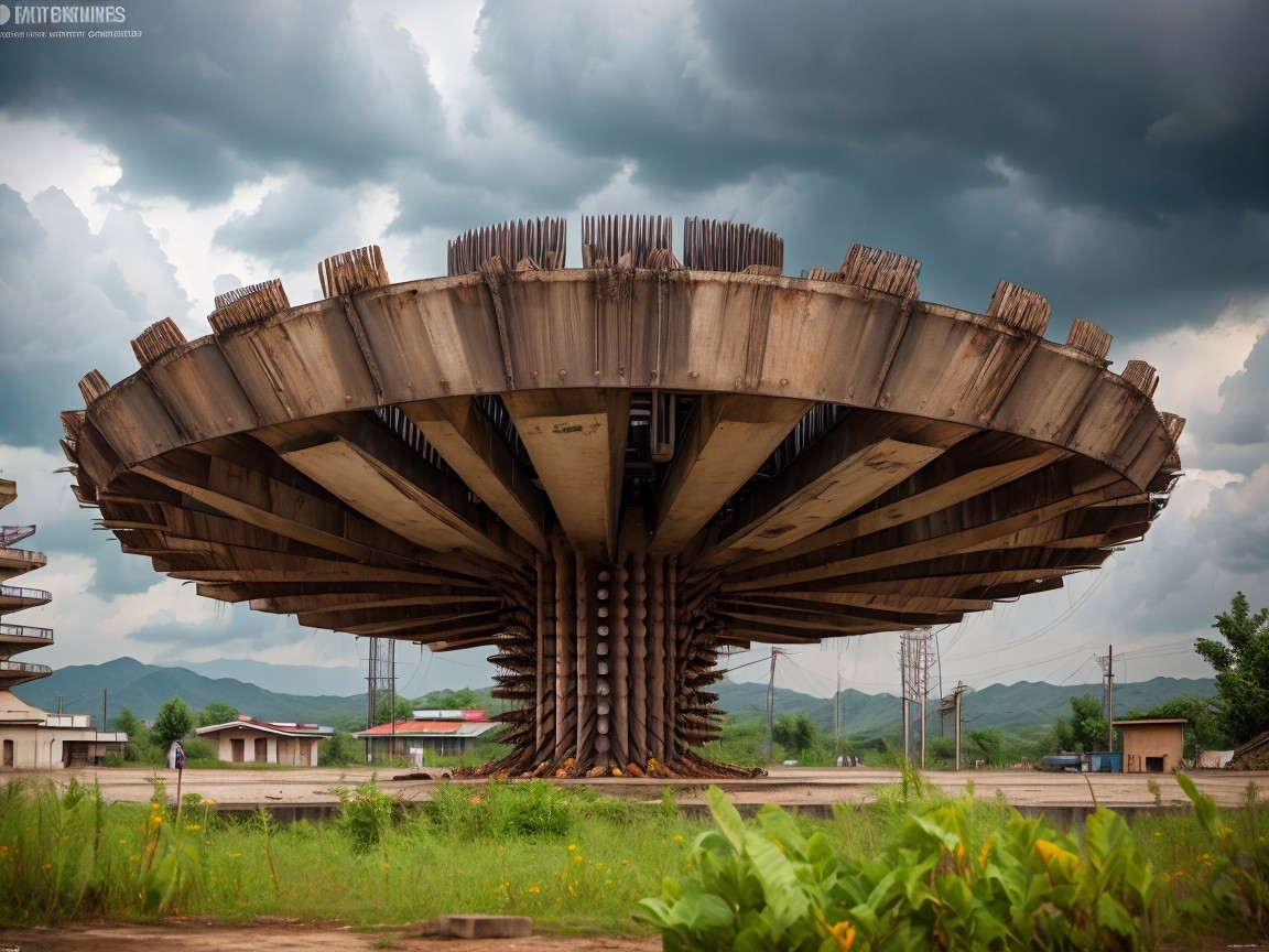 Futuristic Inverted Mushroom Structure in Rural Landscape
