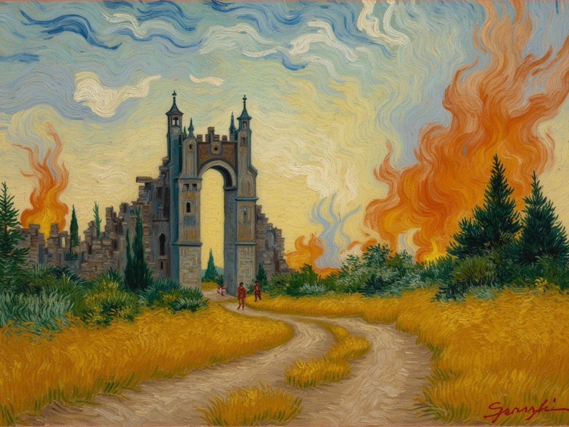 Vibrant Landscape with Grand Archway and Ruins