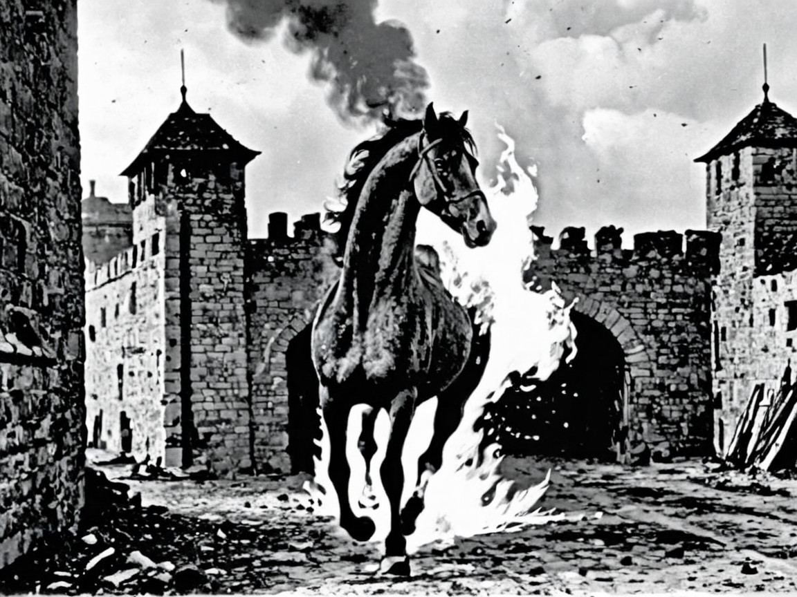 Dramatic Black-and-White Scene of Horse and Fortress
