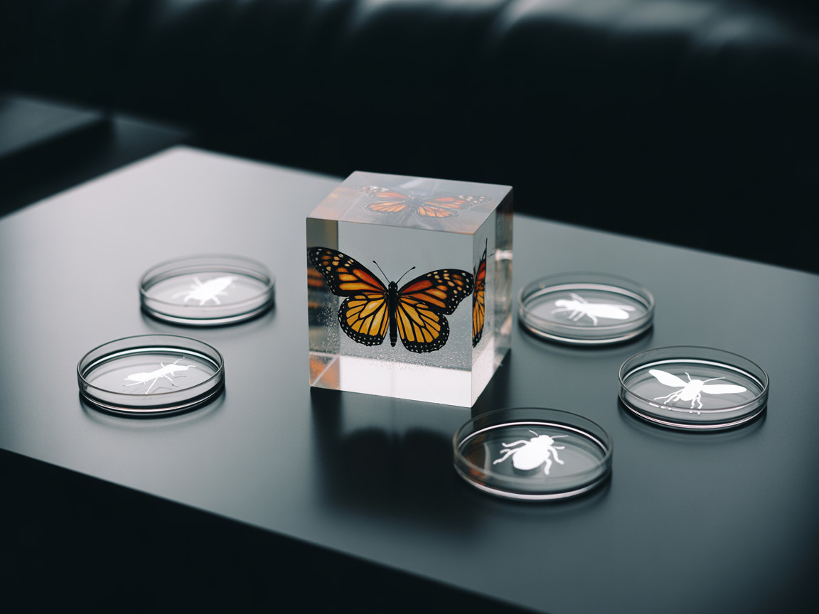 Resin Cube Display with Butterfly and Insect Silhouettes