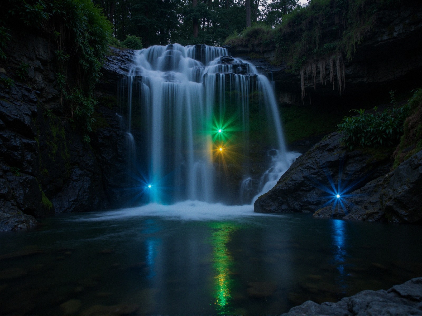 Serene Waterfall with Colorful Light Reflections