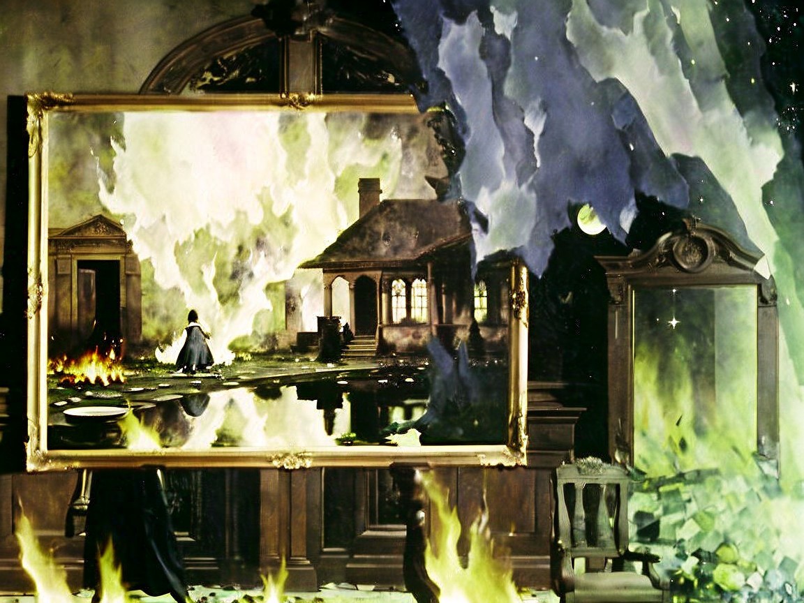 Surreal Landscape with Burning House and Contemplative Figure