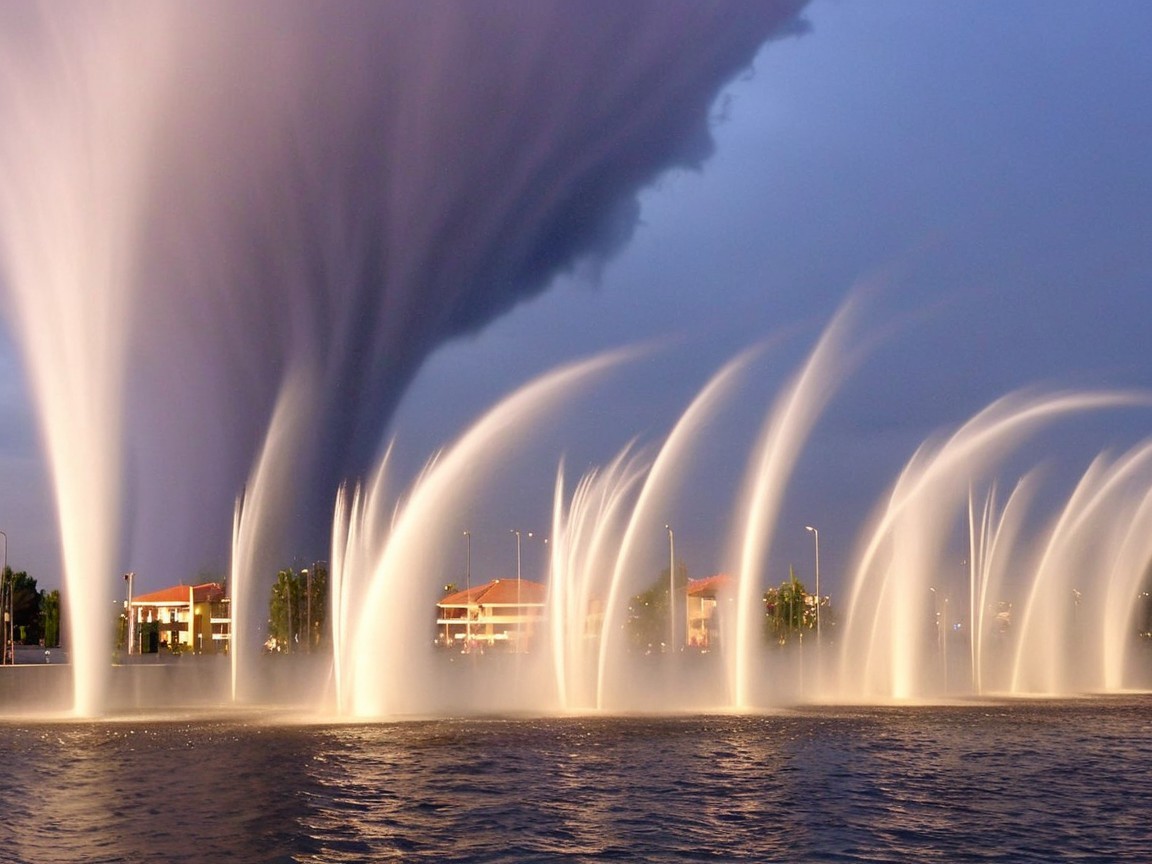 Dramatic Waterspout and Elegant Fountains Contrast
