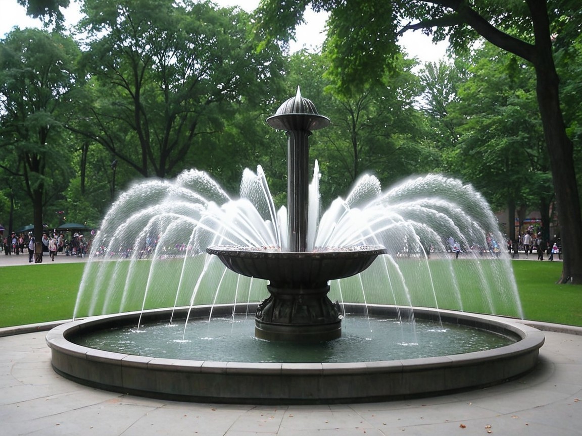 Fountain in Lush Park Surrounded by Tall Trees